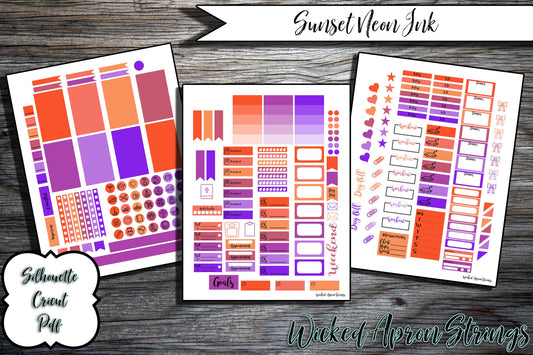 Printable Stickers for Classic Happy Planner Weekly Planner Spread : Sunset Neon Ink