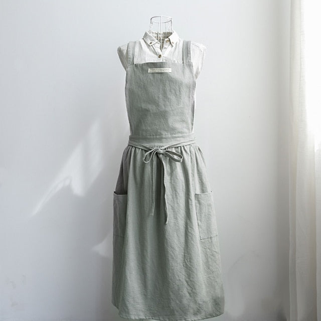 Women Bib Apron Cotton Linen Sleeveless Pinafore Dress Kitchen Coffee Cooking Pink, Light Green, Dark Grey Washed Cotton Linen