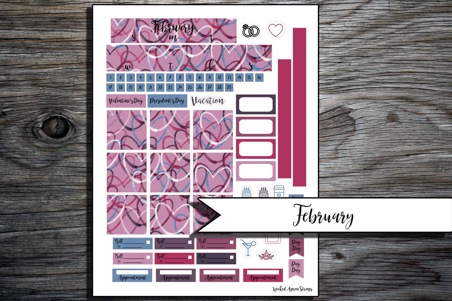 Printable Stickers for Classic Happy Planner Monthly Planner Spread : February - Messy Hearts