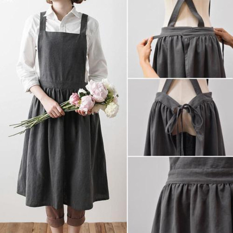 Women Bib Apron Cotton Linen Sleeveless Pinafore Dress Kitchen Coffee Cooking Pink, Light Green, Dark Grey Washed Cotton Linen
