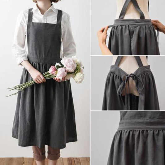 Women Bib Apron Cotton Linen Sleeveless Pinafore Dress Kitchen Coffee Cooking Pink, Light Green, Dark Grey Washed Cotton Linen