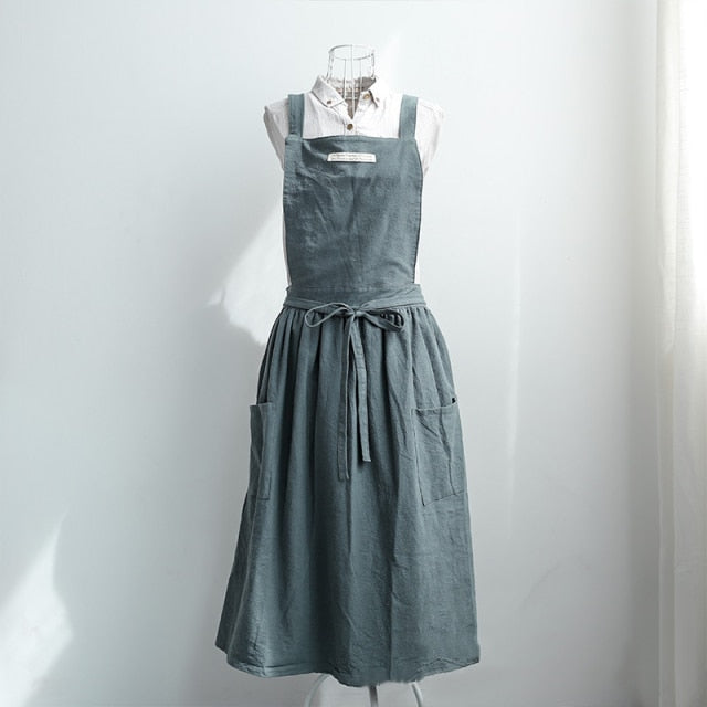 Women Bib Apron Cotton Linen Sleeveless Pinafore Dress Kitchen Coffee Cooking Pink, Light Green, Dark Grey Washed Cotton Linen