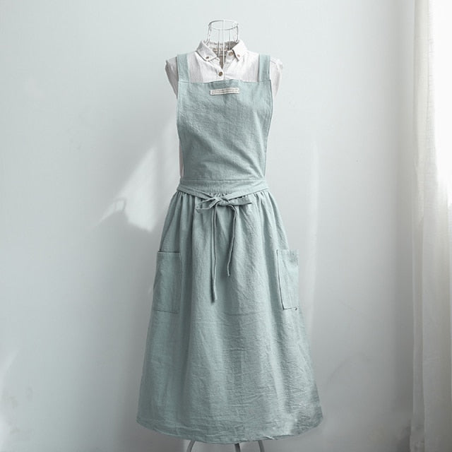 Women Bib Apron Cotton Linen Sleeveless Pinafore Dress Kitchen Coffee Cooking Pink, Light Green, Dark Grey Washed Cotton Linen
