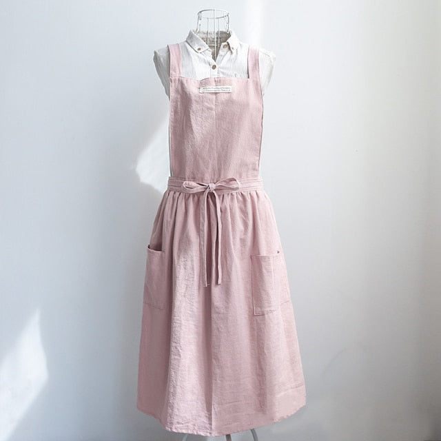 Women Bib Apron Cotton Linen Sleeveless Pinafore Dress Kitchen Coffee Cooking Pink, Light Green, Dark Grey Washed Cotton Linen