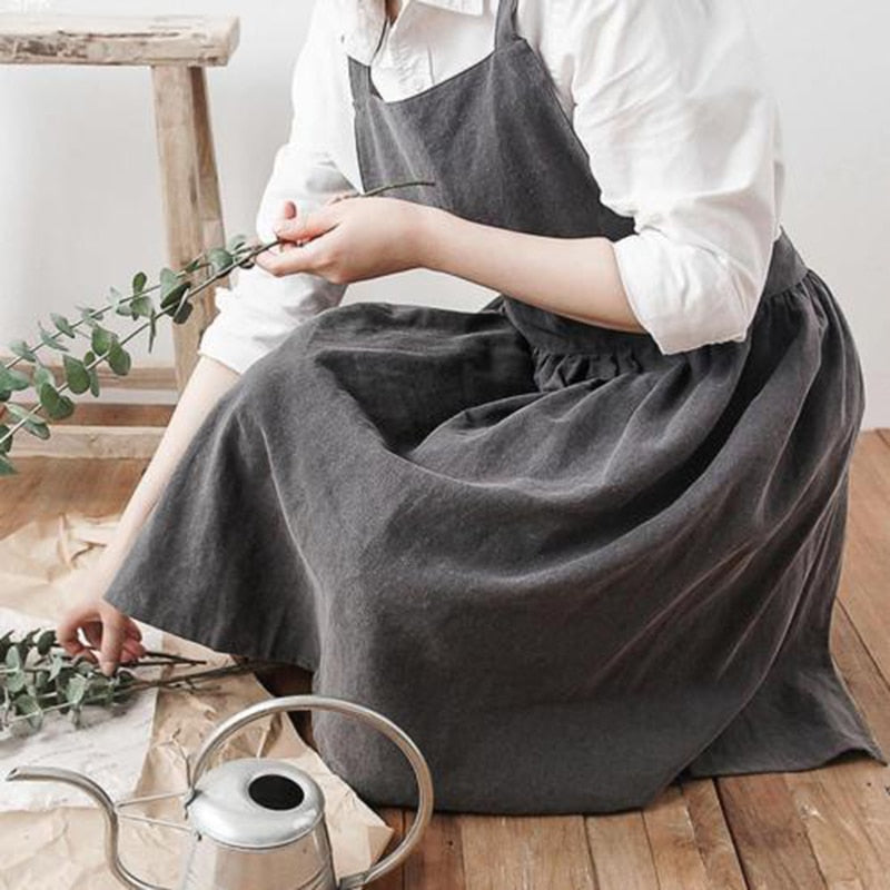 Women Bib Apron Cotton Linen Sleeveless Pinafore Dress Kitchen Coffee Cooking Pink, Light Green, Dark Grey Washed Cotton Linen